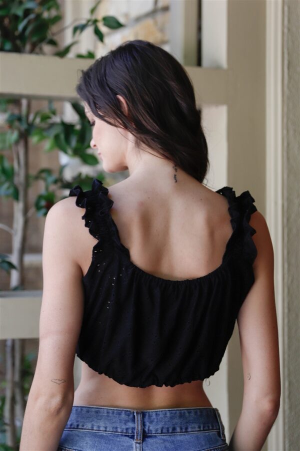 Embroidered Ruffle-Trim Strap Crop Top – Black