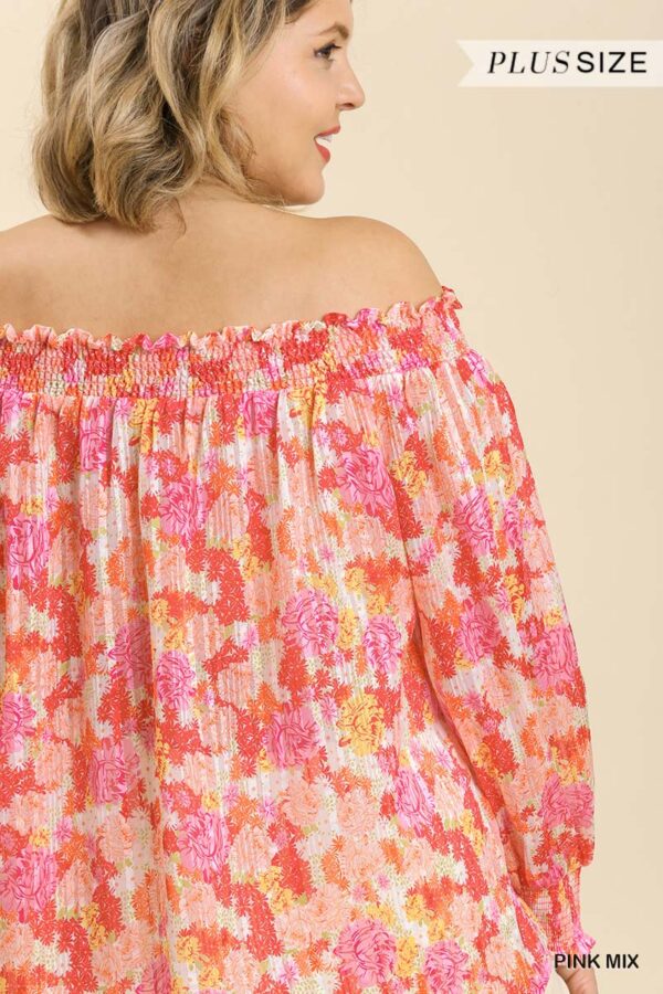 Sheer Floral Off-Shoulder Top with Metallic Threading – Plus Size