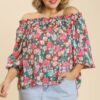 Sheer Floral Off-Shoulder Top with Metallic Threading – Plus Size