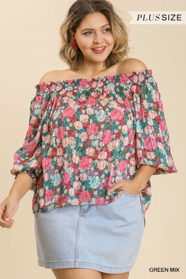 Sheer Floral Off-Shoulder Top with Metallic Threading – Plus Size