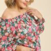 Sheer Floral Off-Shoulder Top with Metallic Threading – Plus Size