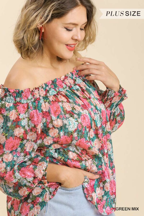 Sheer Floral Off-Shoulder Top with Metallic Threading – Plus Size