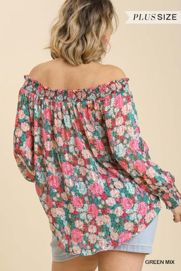 Sheer Floral Off-Shoulder Top with Metallic Threading – Plus Size