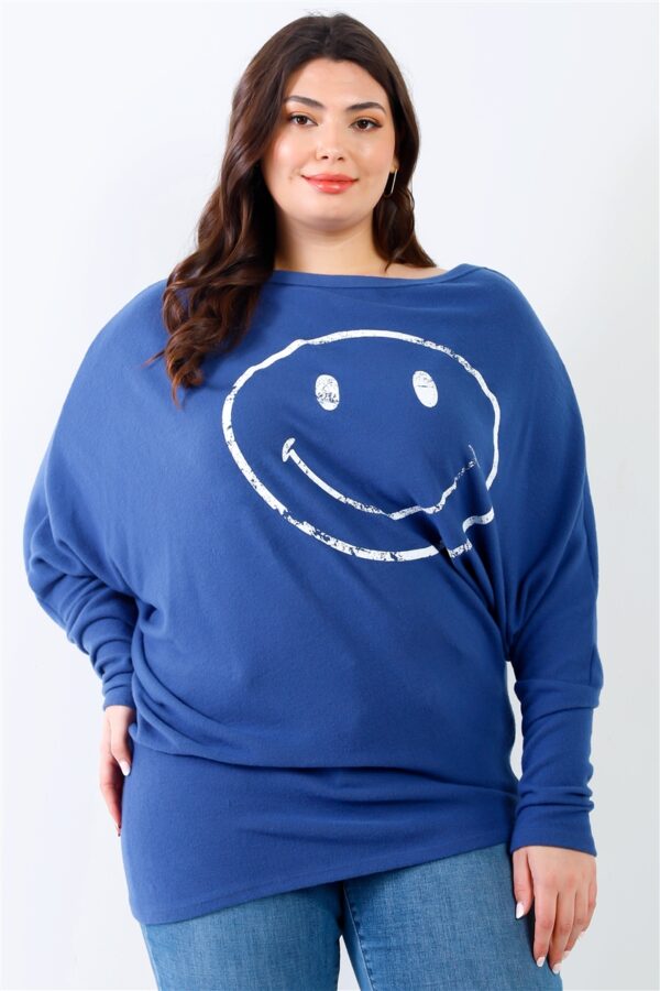 Plus Size Dolman Sleeve Flannel Top with Smile Print – Teal