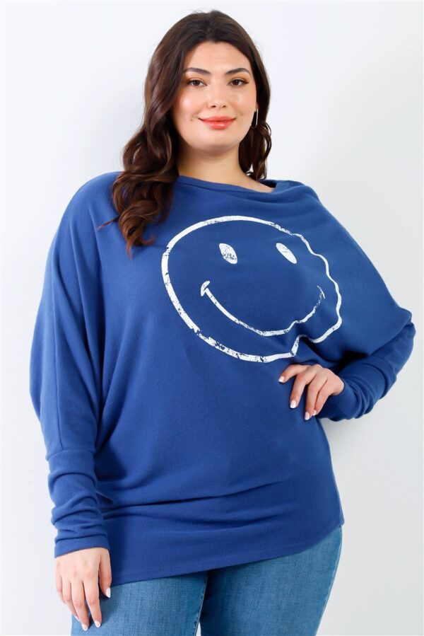 Plus Size Dolman Sleeve Flannel Top with Smile Print – Teal