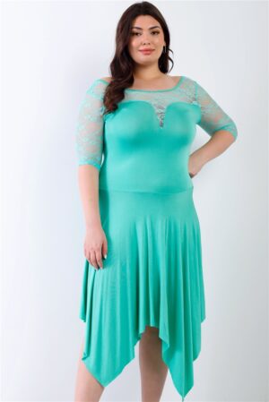 Plus-Size Mint Lace Handkerchief-Hem Midi Dress