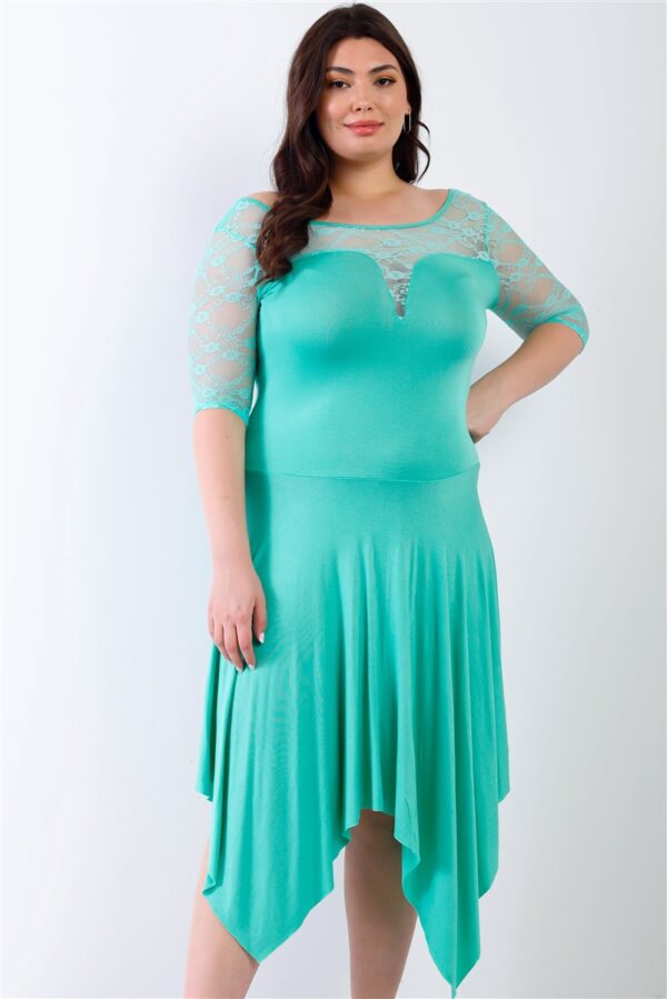 Plus-Size Mint Lace Handkerchief-Hem Midi Dress