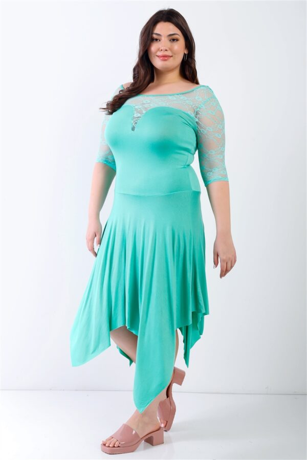 Plus-Size Mint Lace Handkerchief-Hem Midi Dress