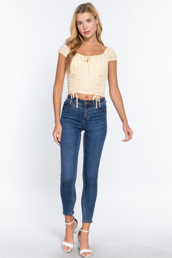 Front-Tie Ruched Short Sleeve Woven Top – Butter