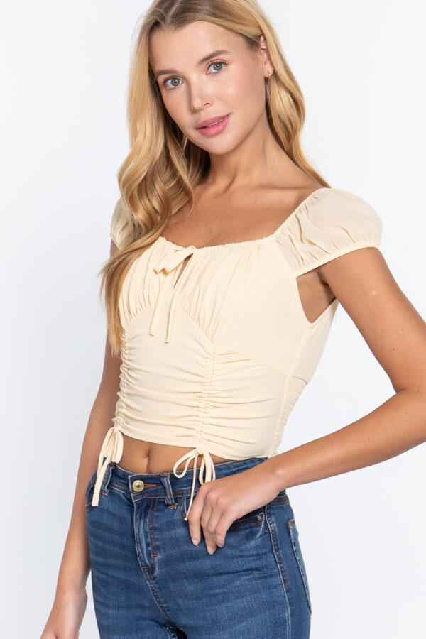 Front-Tie Ruched Short Sleeve Woven Top – Butter