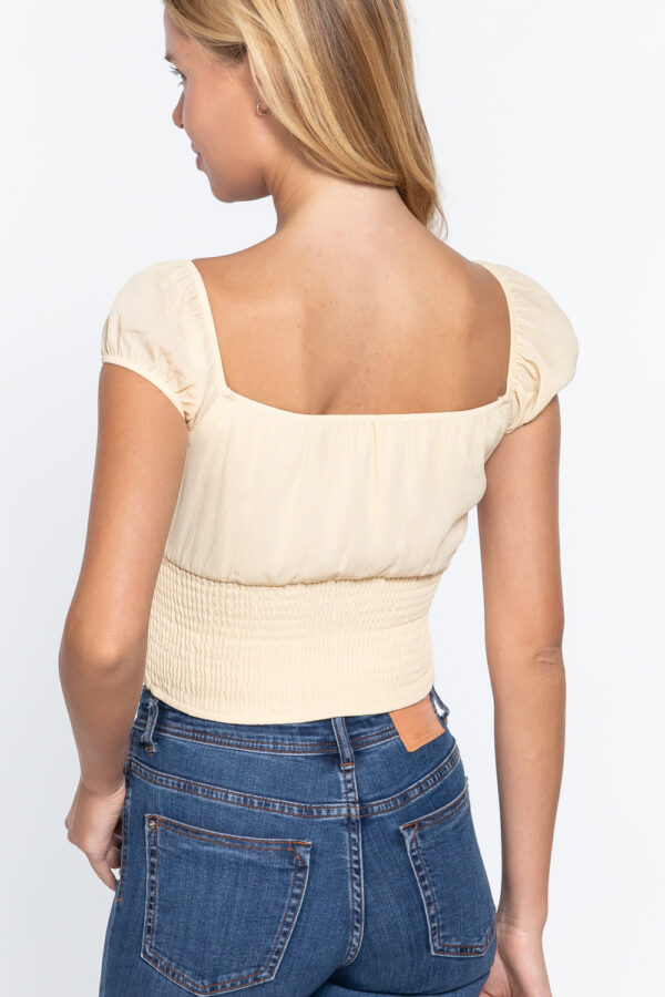Front-Tie Ruched Short Sleeve Woven Top – Butter