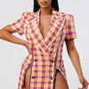 Plaid Double-Breasted Blazer Mini Dress – Wide Collar, Pink