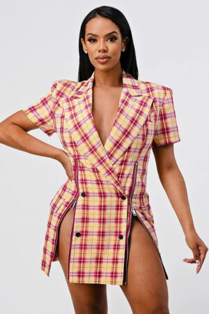 Plaid Double-Breasted Blazer Mini Dress – Wide Collar, Pink