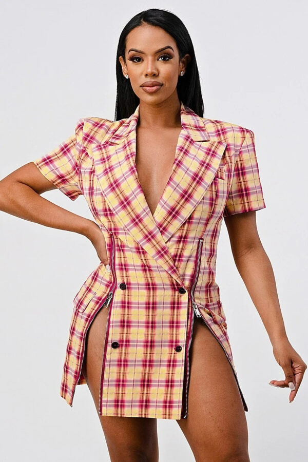 Plaid Double-Breasted Blazer Mini Dress – Wide Collar, Pink