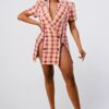 Plaid Double-Breasted Blazer Mini Dress – Wide Collar, Pink