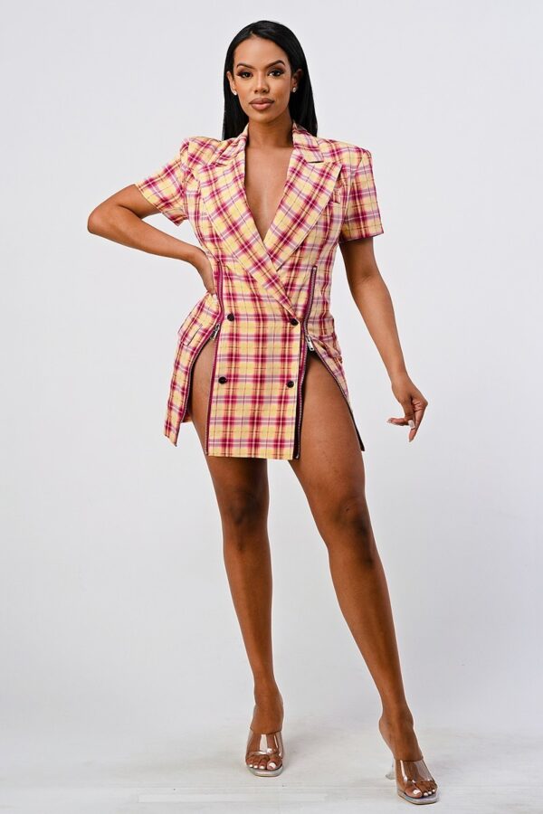 Plaid Double-Breasted Blazer Mini Dress – Wide Collar, Pink