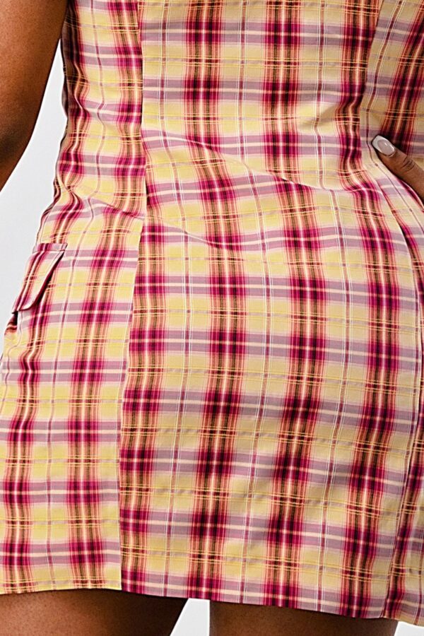 Plaid Double-Breasted Blazer Mini Dress – Wide Collar, Pink