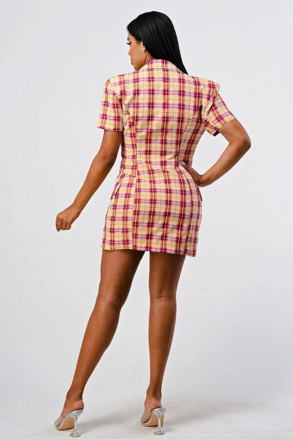 Plaid Double-Breasted Blazer Mini Dress – Wide Collar, Pink