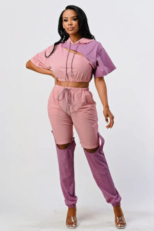 Colorblock Pants Set with Hoodie and Detachable Bottom – Mauve
