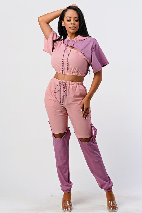 Colorblock Pants Set with Hoodie and Detachable Bottom – Mauve