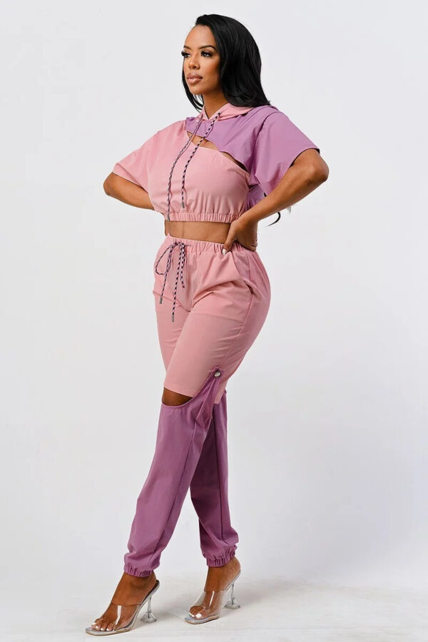 Colorblock Pants Set with Hoodie and Detachable Bottom – Mauve