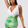 Tie Dye Ruched Bodycon Mini Dress with Rhinestone Cross Top – Green Combo