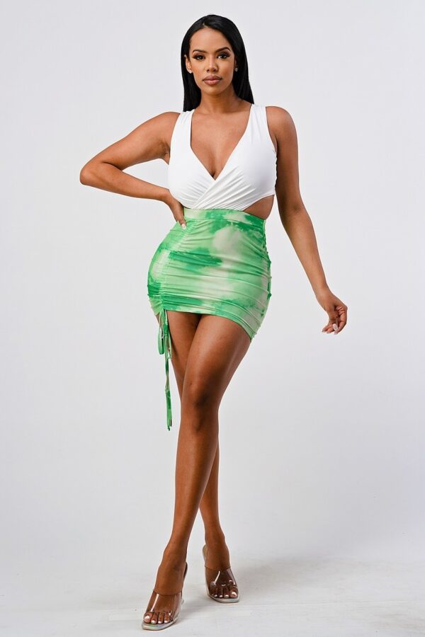 Tie Dye Ruched Bodycon Mini Dress with Rhinestone Cross Top – Green Combo