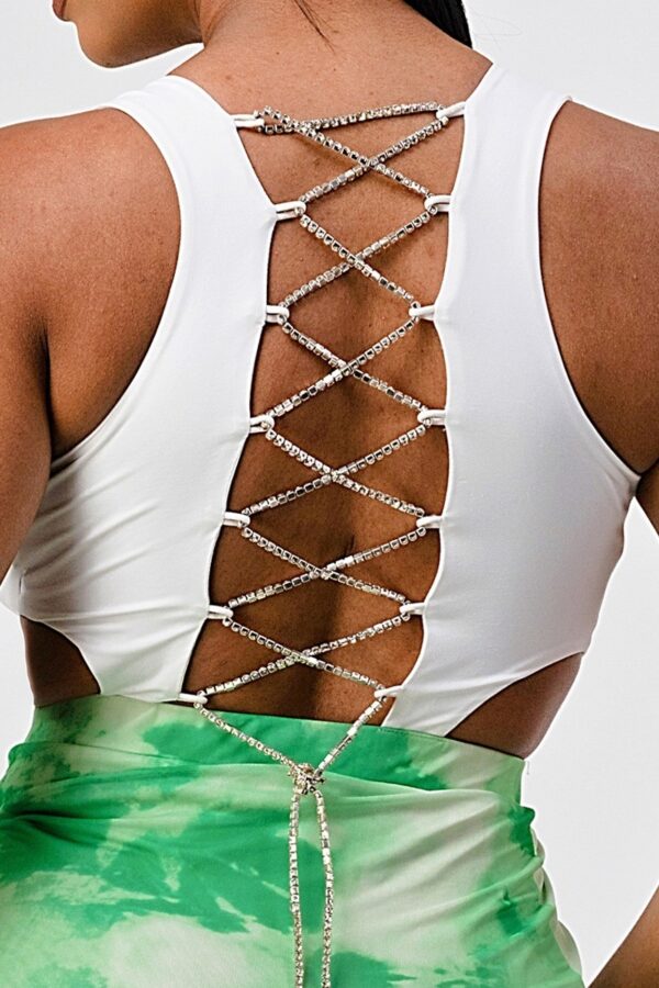 Tie Dye Ruched Bodycon Mini Dress with Rhinestone Cross Top – Green Combo