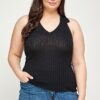 Plus Size Ribbed Knit Polo Sleeveless Top – Black