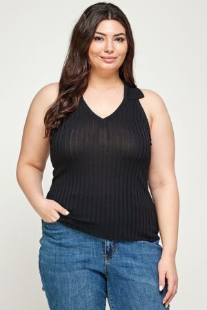 Plus Size Ribbed Knit Polo Sleeveless Top – Black