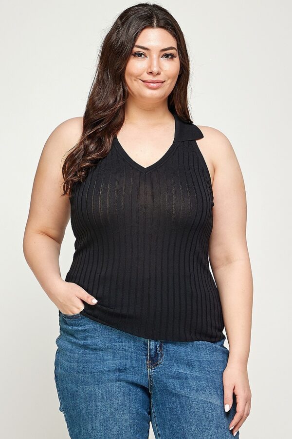Plus Size Ribbed Knit Polo Sleeveless Top – Black