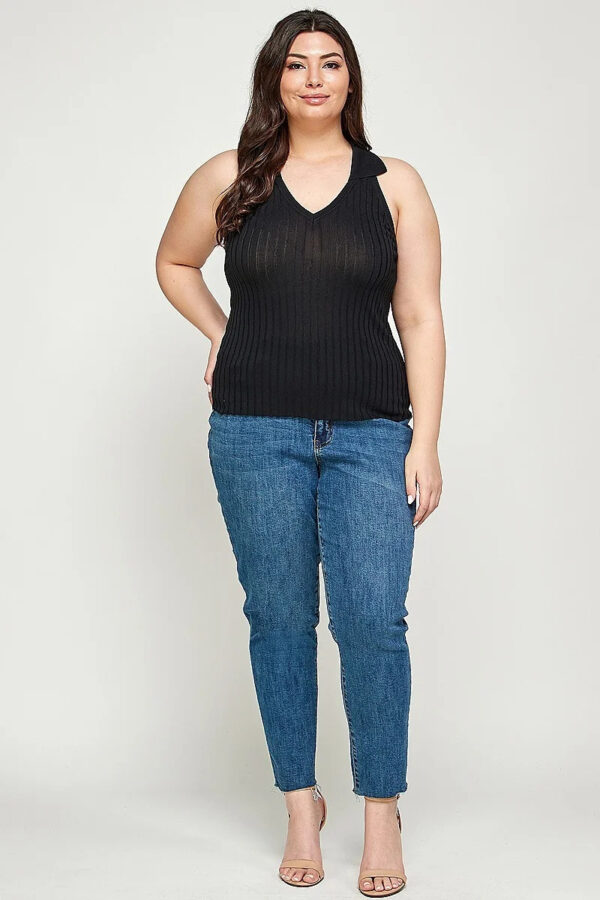 Plus Size Ribbed Knit Polo Sleeveless Top – Black