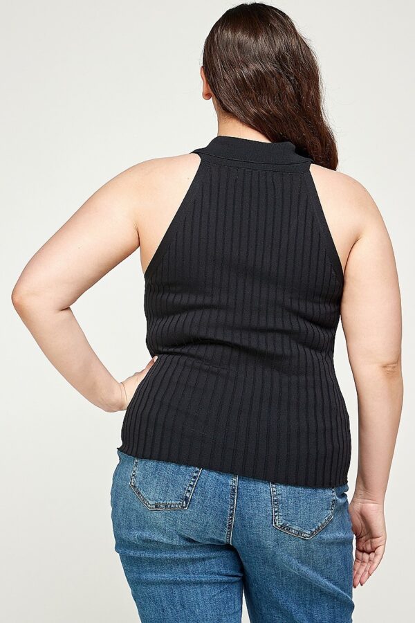 Plus Size Ribbed Knit Polo Sleeveless Top – Black