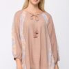 Crinkle & Print Mix Raglan Sleeve Top with Tassel Tie – Light Mauve