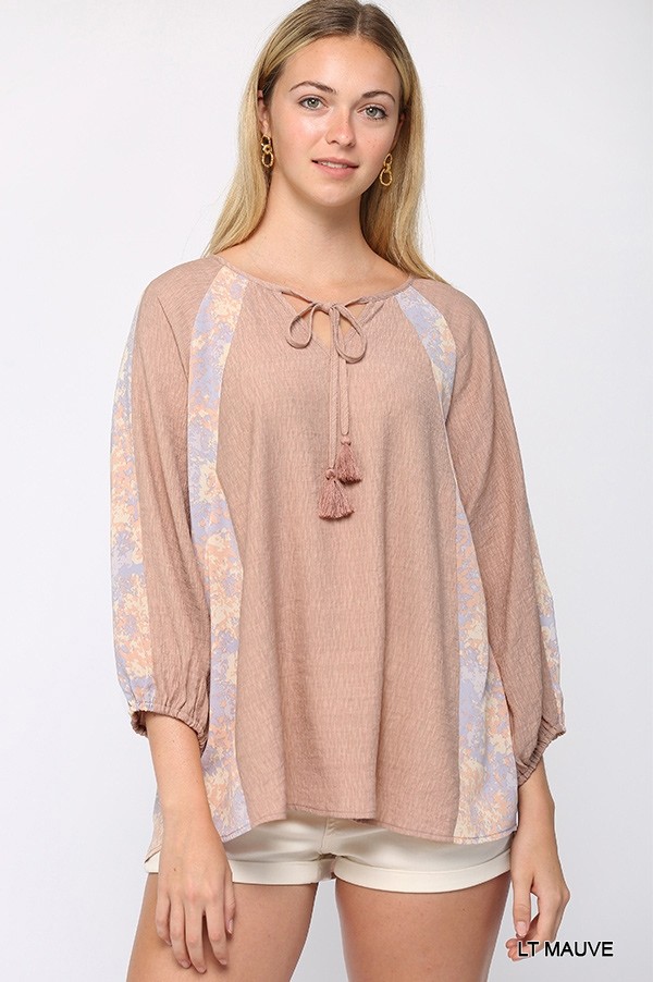 Crinkle & Print Mix Raglan Sleeve Top with Tassel Tie – Light Mauve