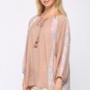 Crinkle & Print Mix Raglan Sleeve Top with Tassel Tie – Light Mauve