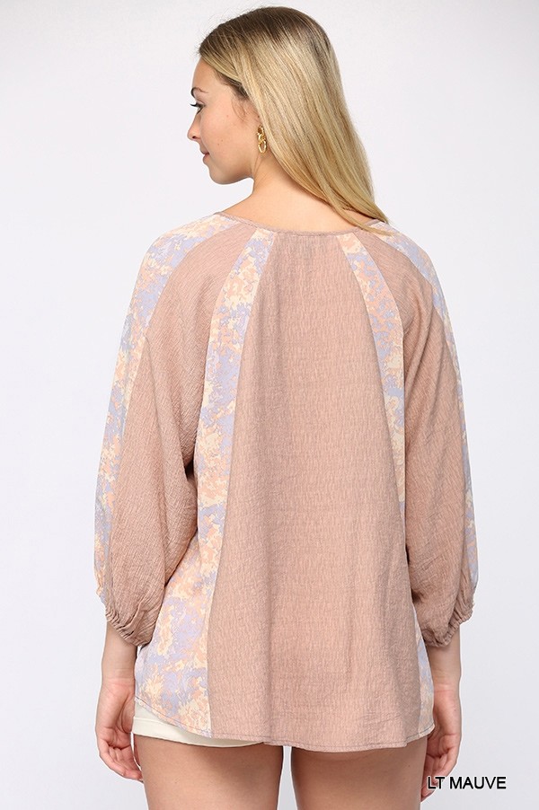 Crinkle & Print Mix Raglan Sleeve Top with Tassel Tie – Light Mauve