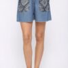 Denim Shorts with Printed Pockets & Raw Hem – Medium