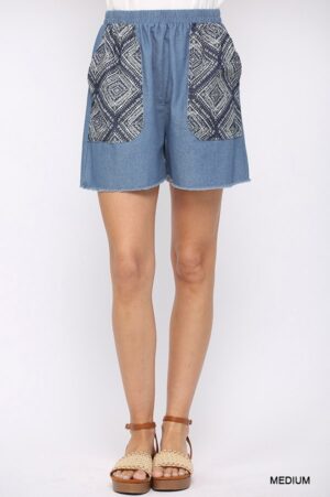 Denim Shorts with Printed Pockets & Raw Hem – Medium