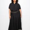 Pleated Cropped Shirt & Maxi Skirt Set – Black (Plus Size)