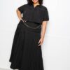 Pleated Cropped Shirt & Maxi Skirt Set – Black (Plus Size)