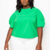 Plus-Size Ruched Puff Sleeve Blouse – Green