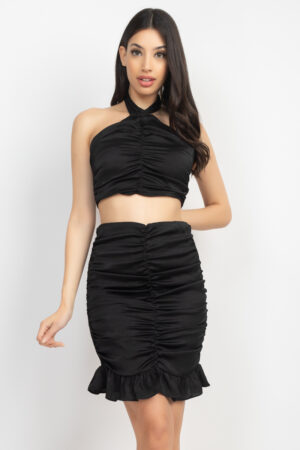 Halter Crop Top & Ruched Mini Skirt Set – Black
