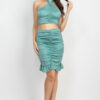 Halter Crop Top & Ruched Mini Skirt Set – Sage