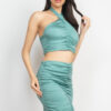 Halter Crop Top & Ruched Mini Skirt Set – Sage