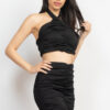 Halter Crop Top & Ruched Mini Skirt Set – Black