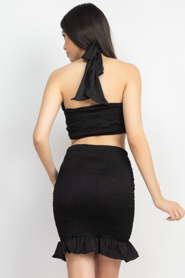Halter Crop Top & Ruched Mini Skirt Set – Black