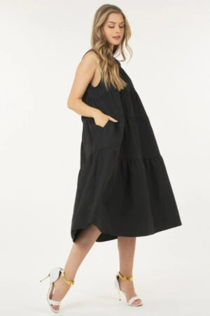 Layered Sleeveless Poplin Dress – Black