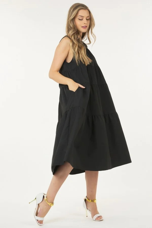 Layered Sleeveless Poplin Dress – Black