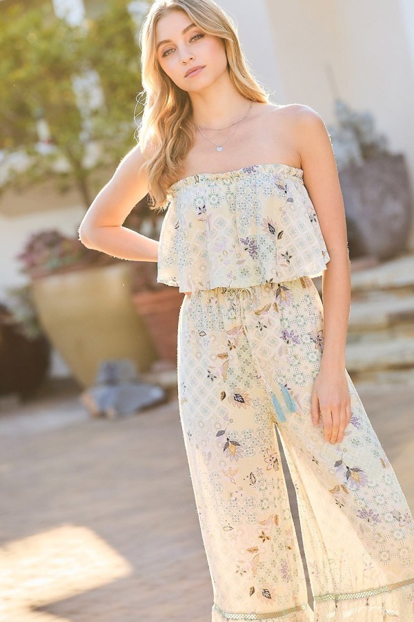 Tube-Top Ruffle-Waist Jumpsuit with Lace Trim – Light Sage